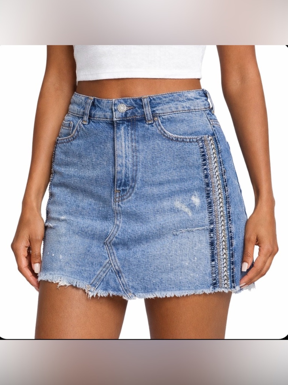 Free People Blue Denim Beaded Woven Sequin Bohemian Boho Distressed Jean Skirt 8